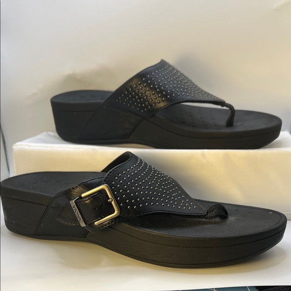 Vionic Shoes - Vionic Black Studded Wedge Sandals-Women's-Size 9-Casual-Comfy-Vacation-Adjust